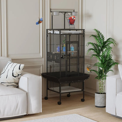 60" Metal Bird Cage With Play Top, Rolling Stand, Flight Enclosure