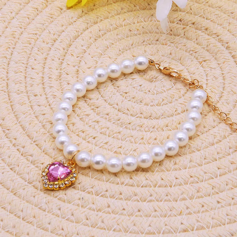 Pearl Necklace Cat Collar With Heart Stone