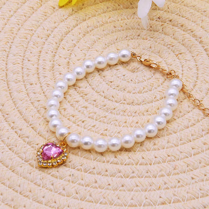 Pearl Necklace Cat Collar With Heart Stone