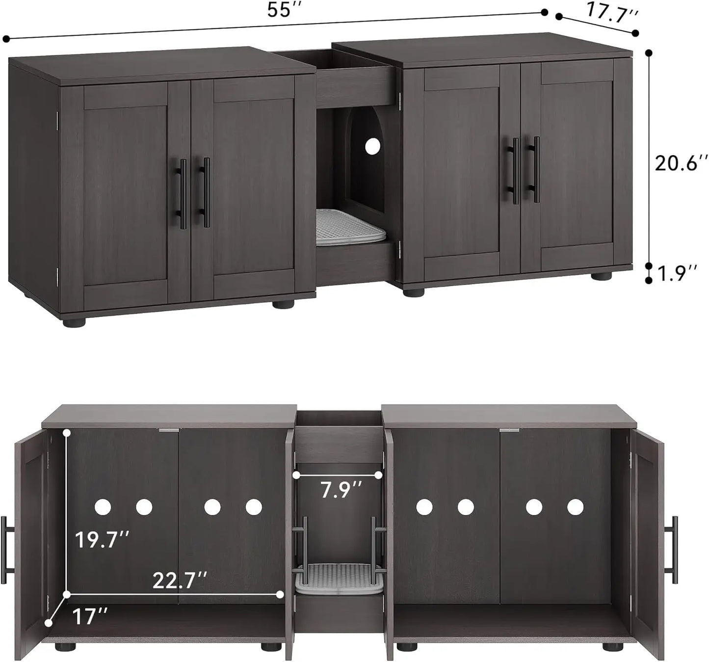 Wooden Cabinet Double Compartments, Scratching Pad, Litter Box, Enclosure for Cat Supplies