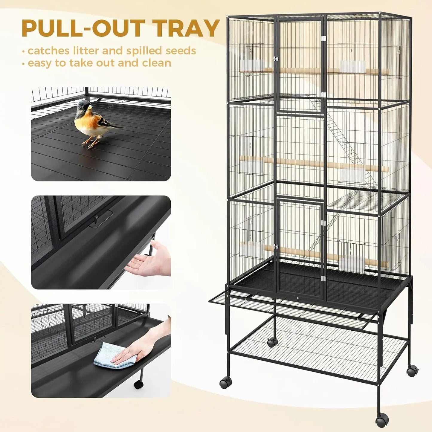 69-Inch Rolling Bird Cage with Storage Shelf,Feed Bowls & Wood Perches