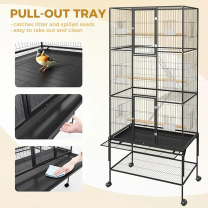 69-Inch Rolling Bird Cage with Storage Shelf,Feed Bowls & Wood Perches