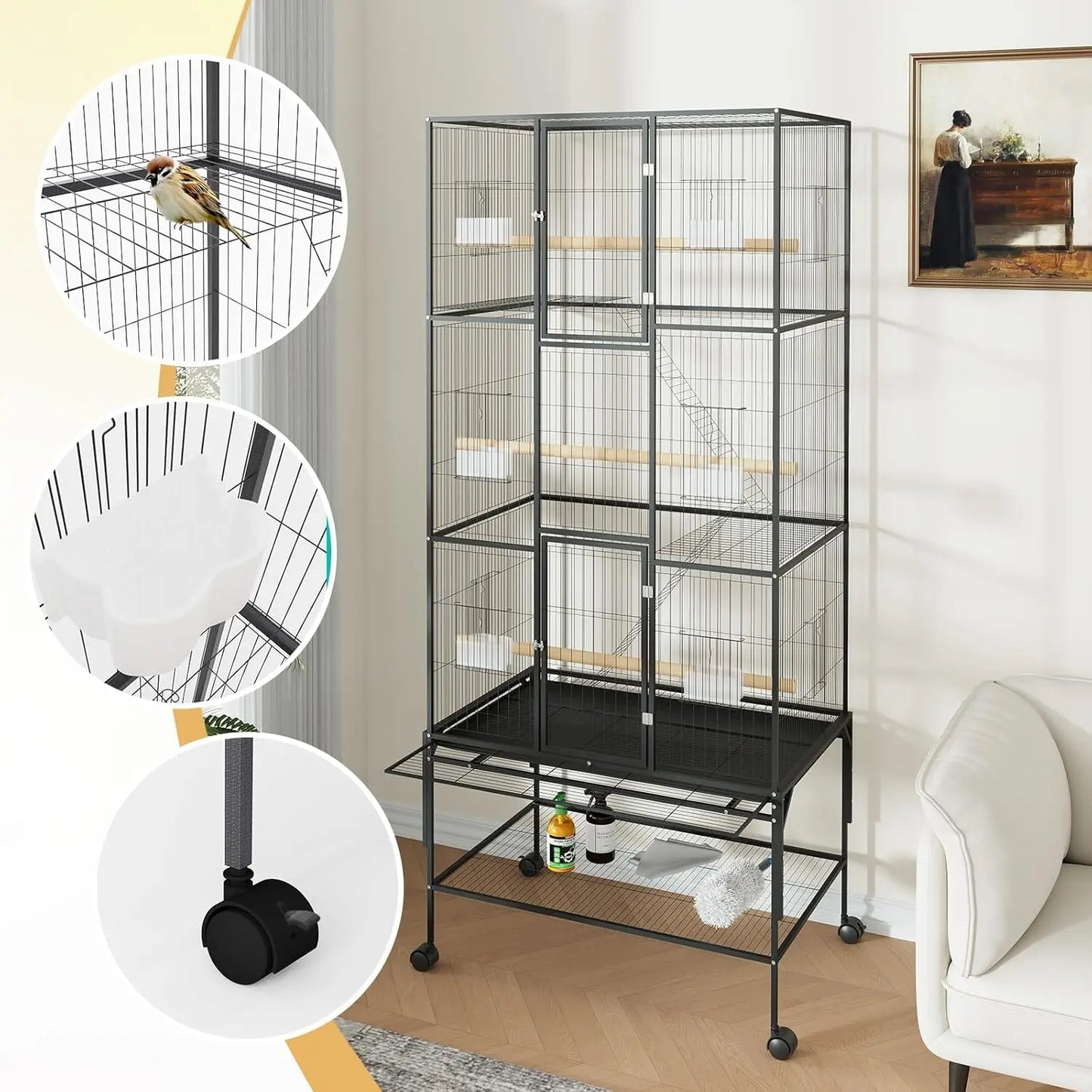 69-Inch Rolling Bird Cage with Storage Shelf,Feed Bowls & Wood Perches