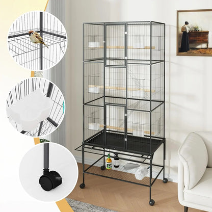 69-Inch Rolling Bird Cage with Storage Shelf,Feed Bowls & Wood Perches