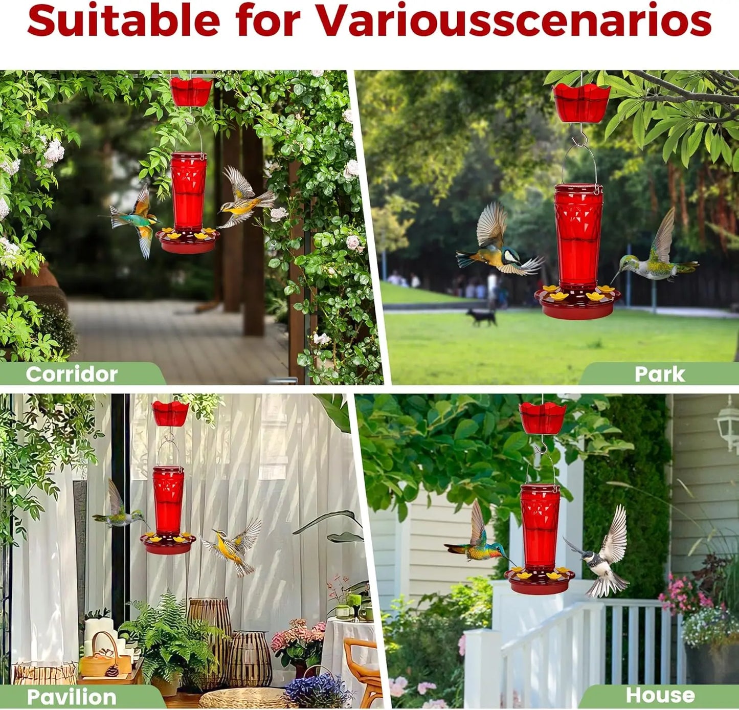 2-Pack Glass Hummingbird Feeders, 14oz, 5 Ports, Garden Decor
