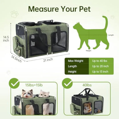 Cat Carrier for 2 Cats - Double Pet Carrier Extra Large Dual Cabin Multi Cat Travel Carrier with Removable Divider Collapsible