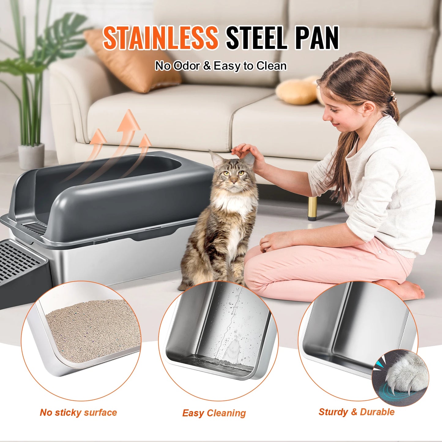 Cat Litter Box, Stainless Steel, High Sides