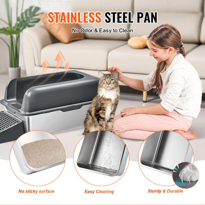 Cat Litter Box, Stainless Steel, High Sides