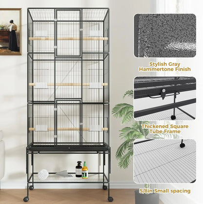 69-Inch Rolling Bird Cage with Storage Shelf,Feed Bowls & Wood Perches