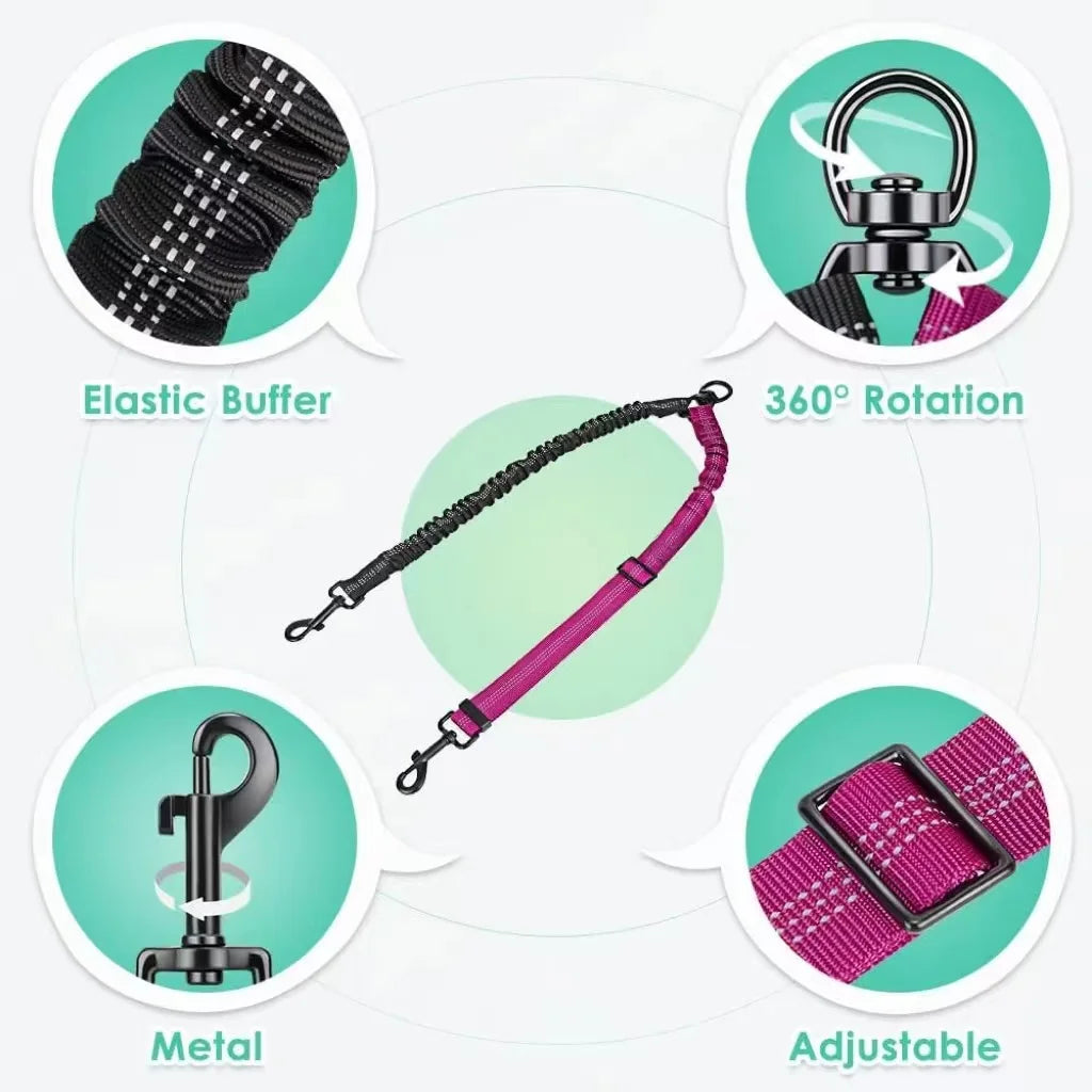 1.6ft Dual Dog Leash Attachment, Shock Absorbing Bungee