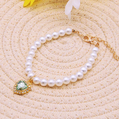 Pearl Necklace Cat Collar With Heart Stone