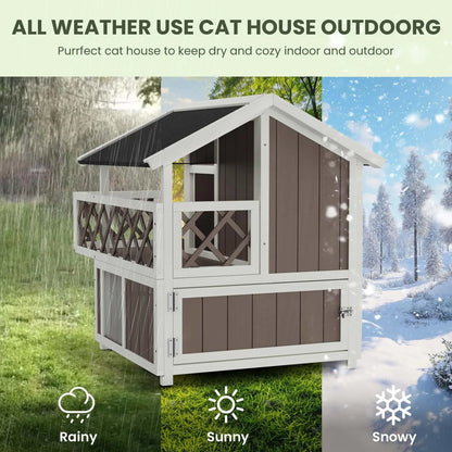 Weatherproof 2-Story Outdoor Cat House Wooden Shelter Elevated