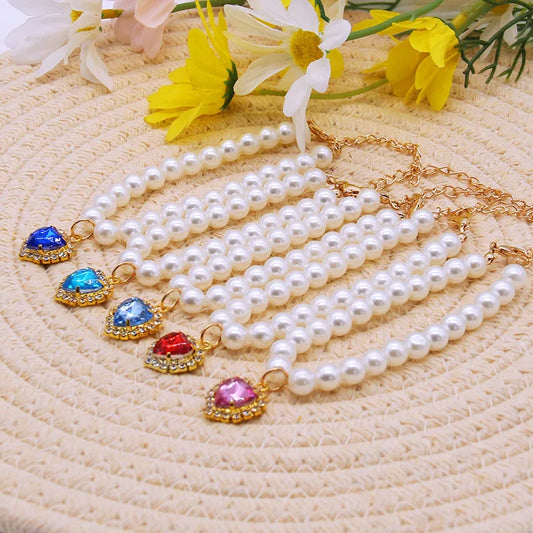 Pearl Necklace Cat Collar With Heart Stone