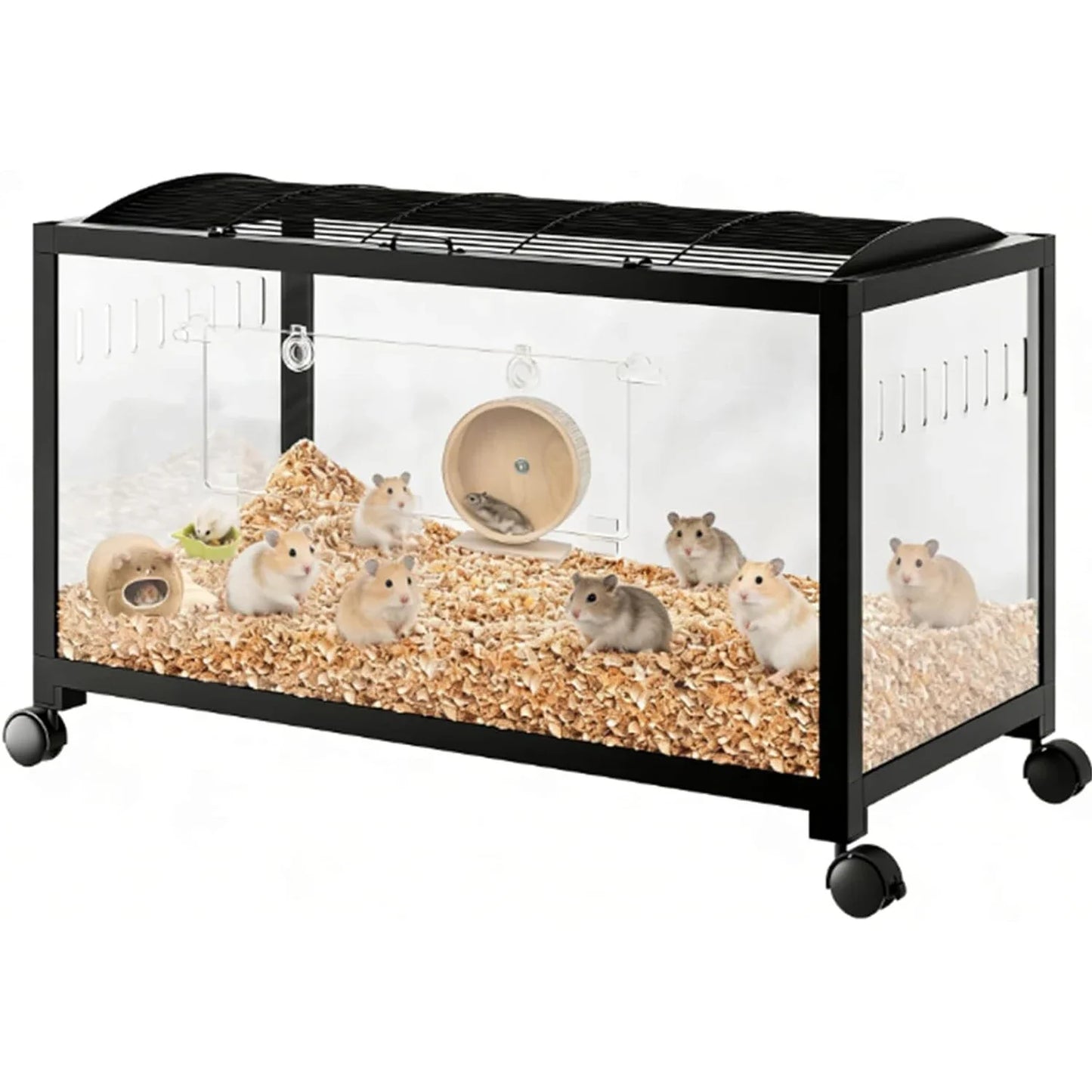 Hamster Cage with Wheels,Metal & Acrylic Habitat for Hamster,Guinea Pig,Gerbil,Mice,Chew-Proof, Dual Doors, Easy Clean