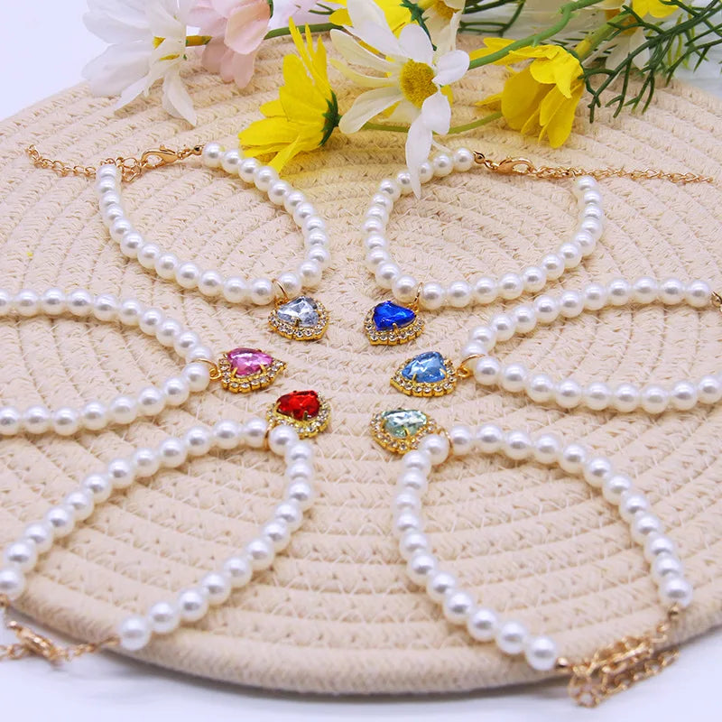 Pearl Necklace Cat Collar With Heart Stone
