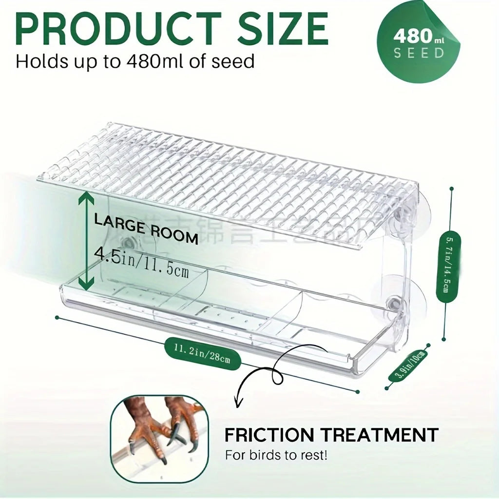 Window Bird Feeder, Removable Seed & Water Tray, Adhesive Hooks