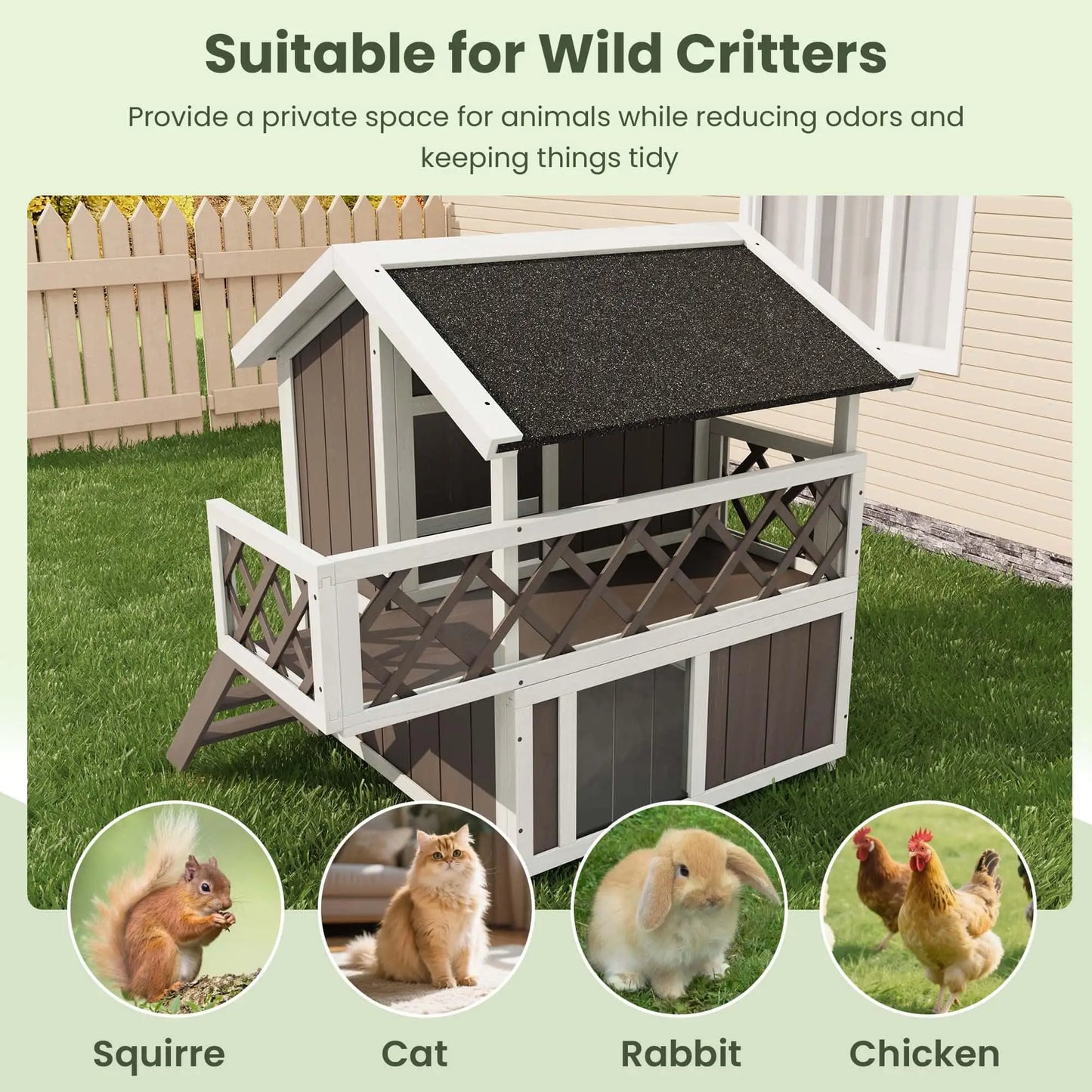 Weatherproof 2-Story Outdoor Cat House Wooden Shelter Elevated
