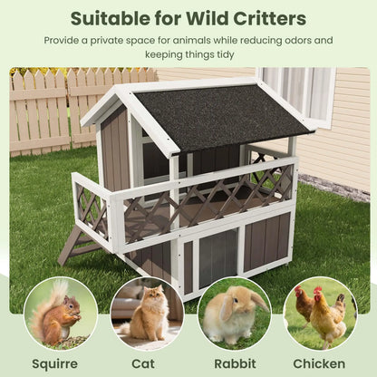 Weatherproof 2-Story Outdoor Cat House Wooden Shelter Elevated