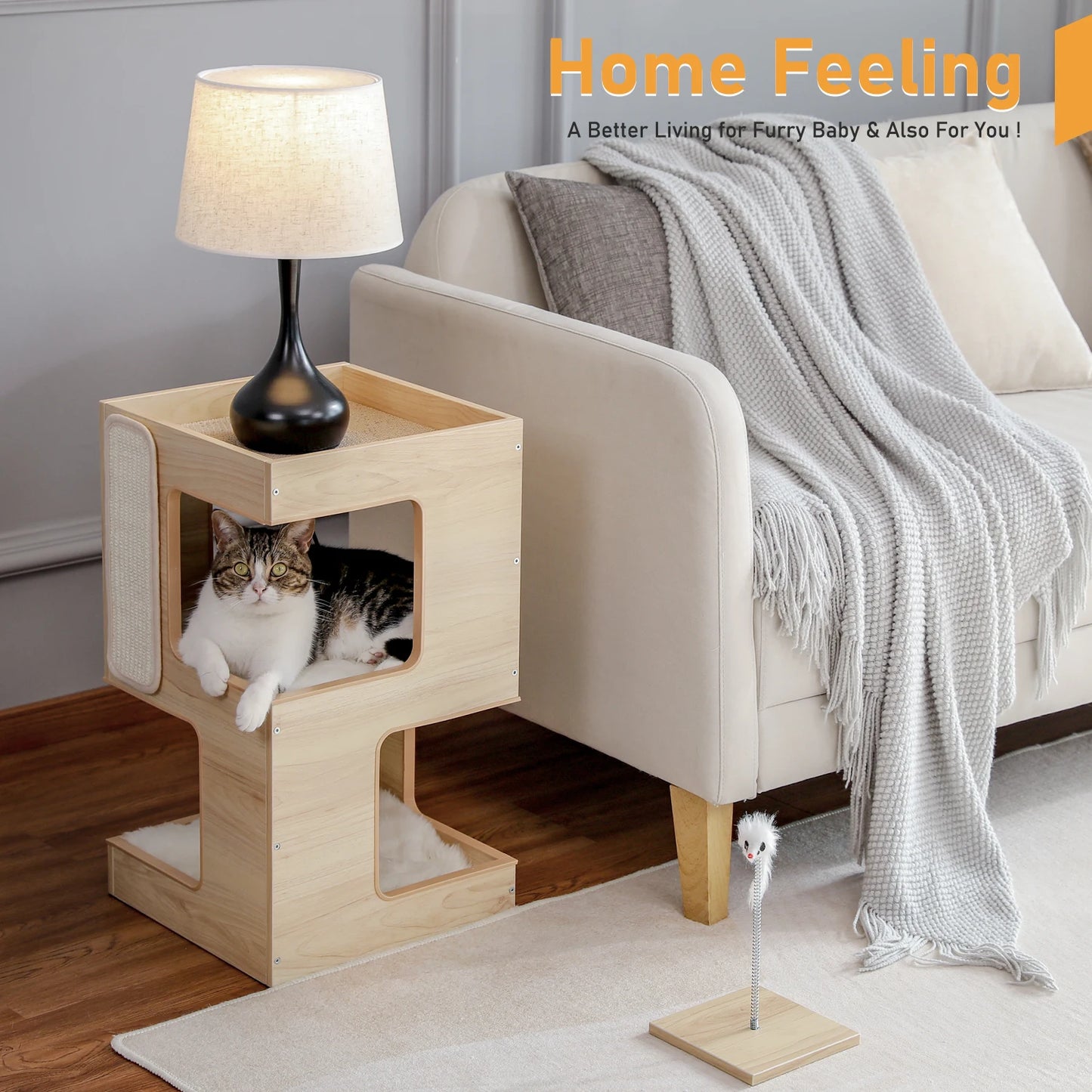 Wood Cat Condo, Bed, Tree Tower, Scratching Pad