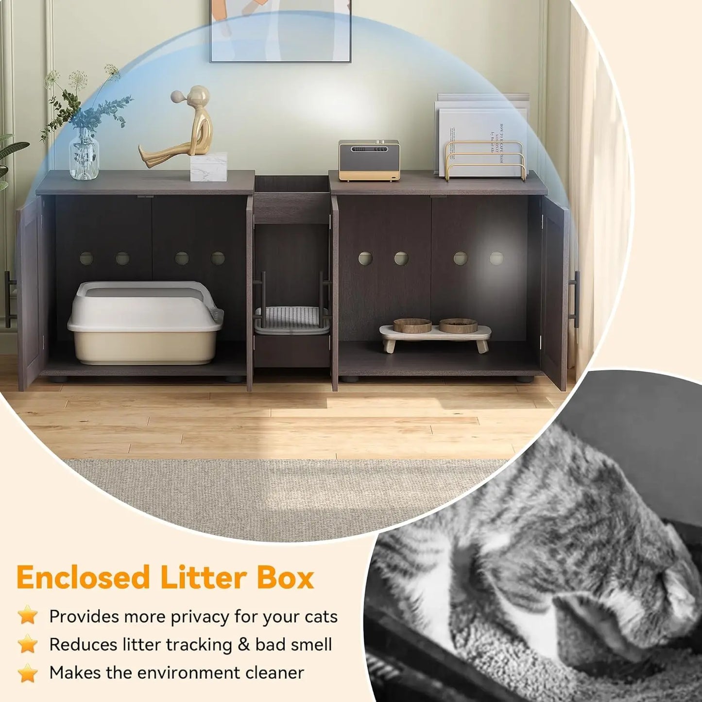 Wooden Cabinet Double Compartments, Scratching Pad, Litter Box, Enclosure for Cat Supplies
