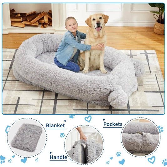 Human Size Dog Bed For Adults & Pets, Storage Pockets, Matching Blanket