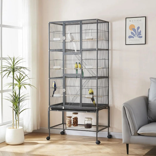 69-Inch Rolling Bird Cage with Storage Shelf,Feed Bowls & Wood Perches