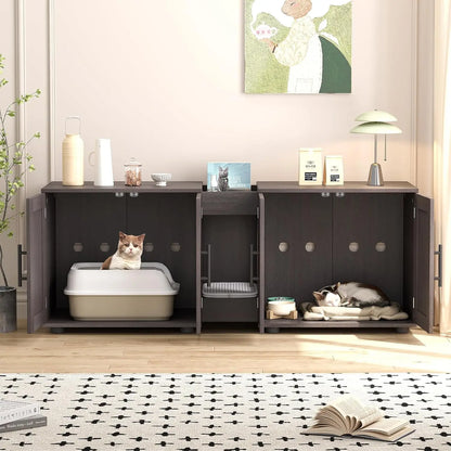 Wooden Cabinet Double Compartments, Scratching Pad, Litter Box, Enclosure for Cat Supplies