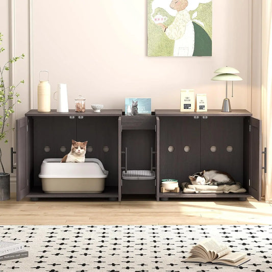 Wooden Cabinet Double Compartments, Scratching Pad, Litter Box, Enclosure for Cat Supplies