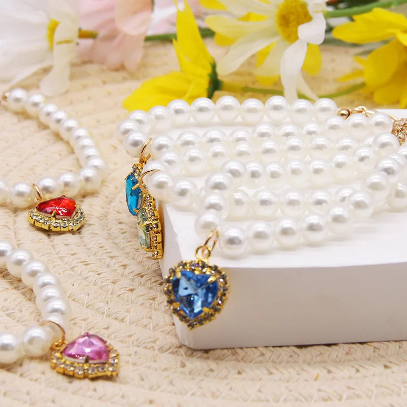 Pearl Necklace Cat Collar With Heart Stone