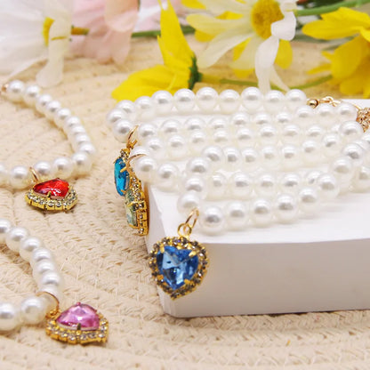 Pearl Necklace Cat Collar With Heart Stone