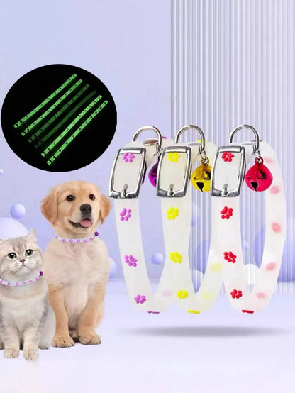 Glow In The Dark Cat Collar, Footprint Pattern, Bell