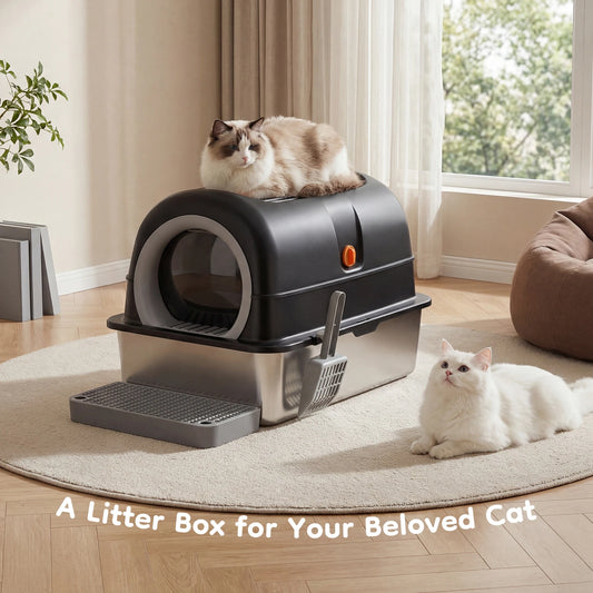 Stainless Steel Cat Litter Box, Enclosed, Scoop and Mat Included