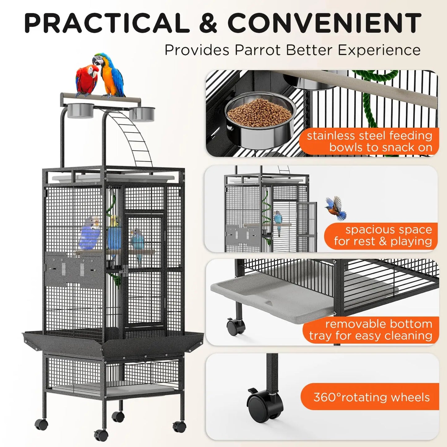 60" Metal Bird Cage With Play Top, Rolling Stand, Flight Enclosure