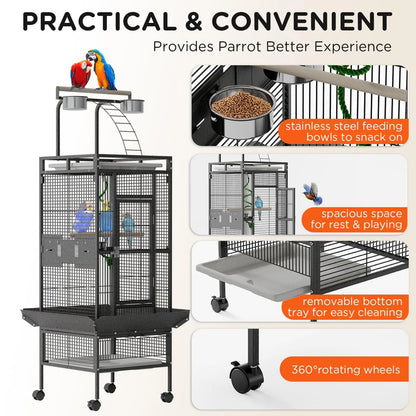60" Metal Bird Cage With Play Top, Rolling Stand, Flight Enclosure