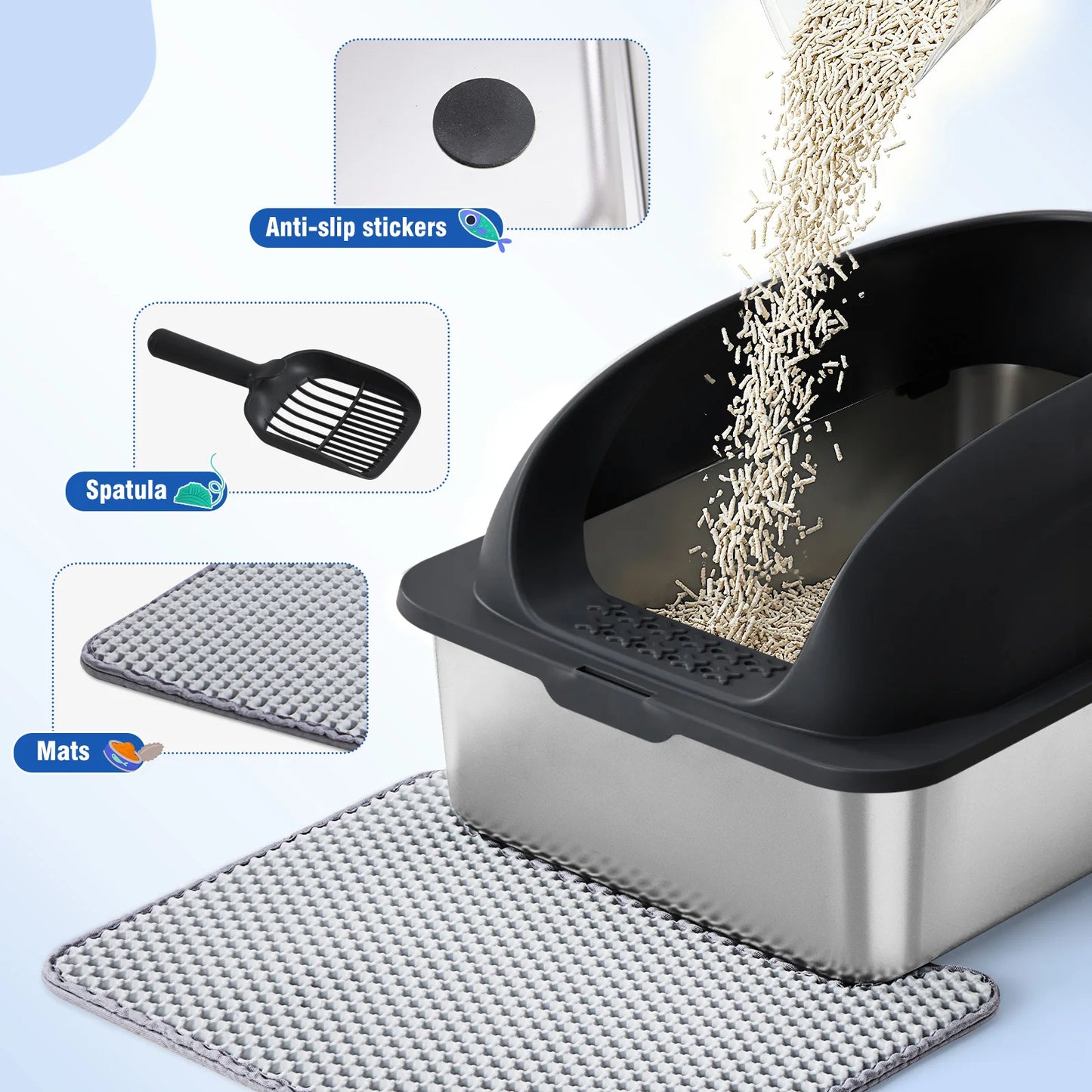 Stainless Steel Cat Litter Box with Lid Scoop and Mat Included