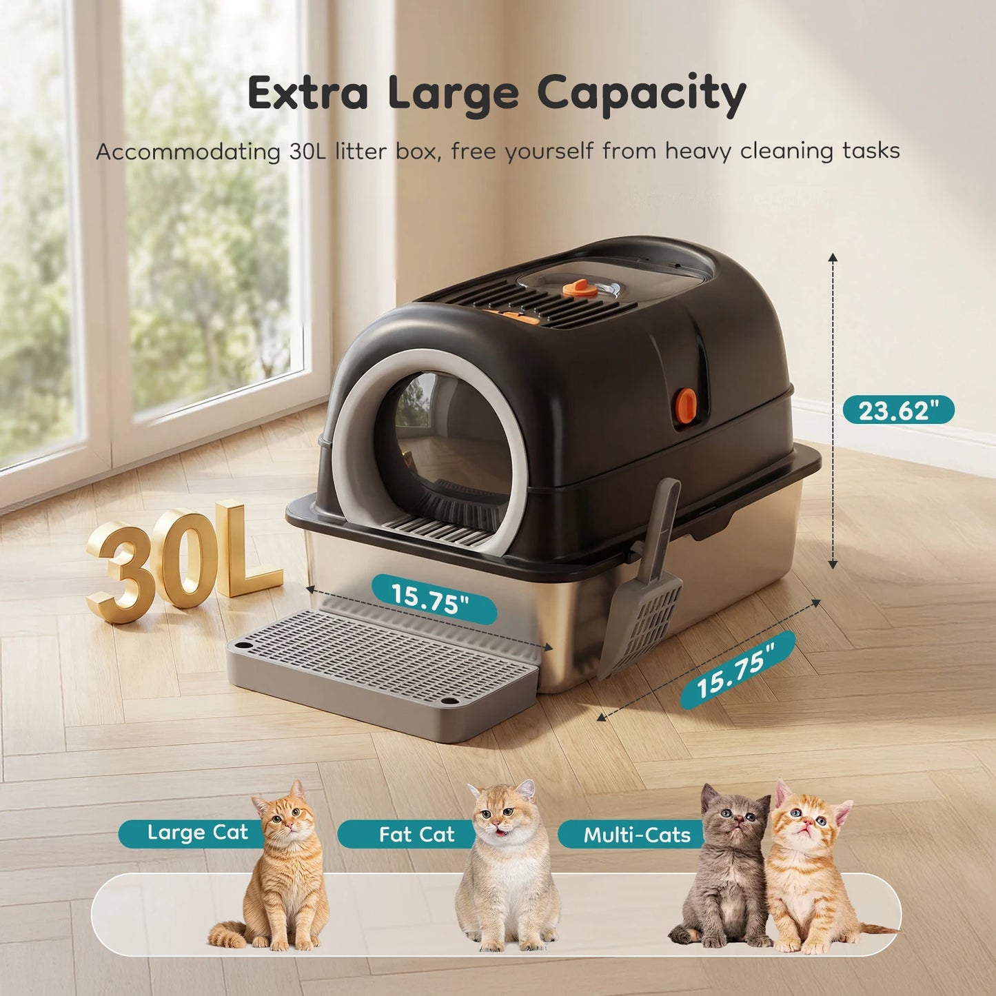 Stainless Steel Cat Litter Box, Enclosed, Scoop and Mat Included