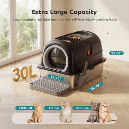 Stainless Steel Cat Litter Box, Enclosed, Scoop and Mat Included
