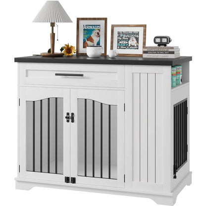 Dog Kennel With Drawer, Side Storage, Feeding Station