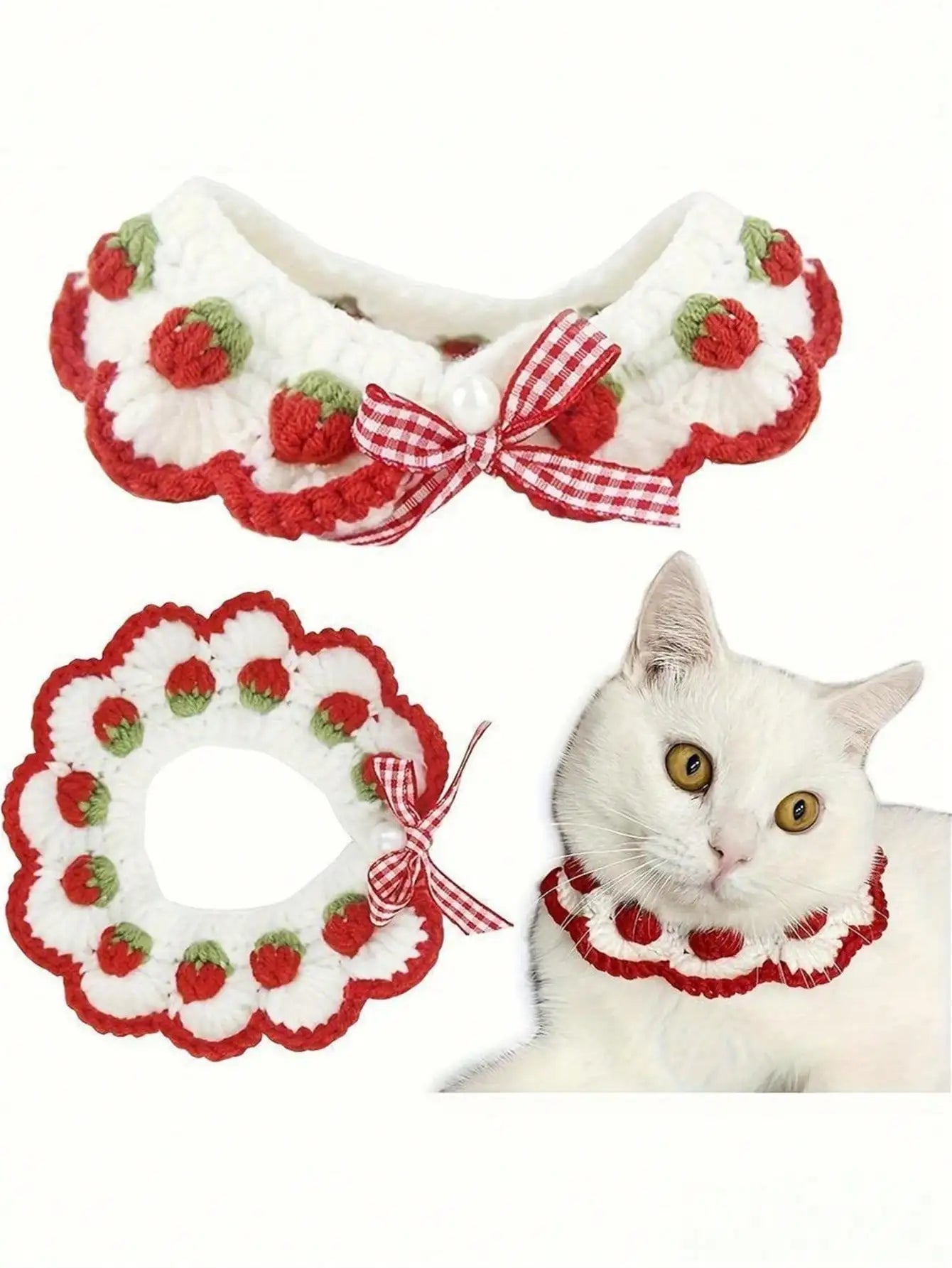 Strawberry Bow Crochet Cat Decorative Neck Wear
