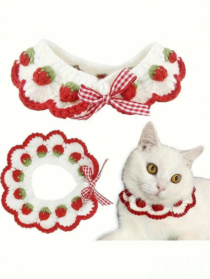 Strawberry Bow Crochet Cat Decorative Neck Wear