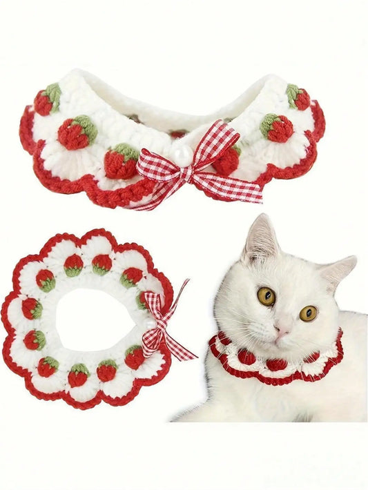 Strawberry Bow Crochet Cat Decorative Neck Wear