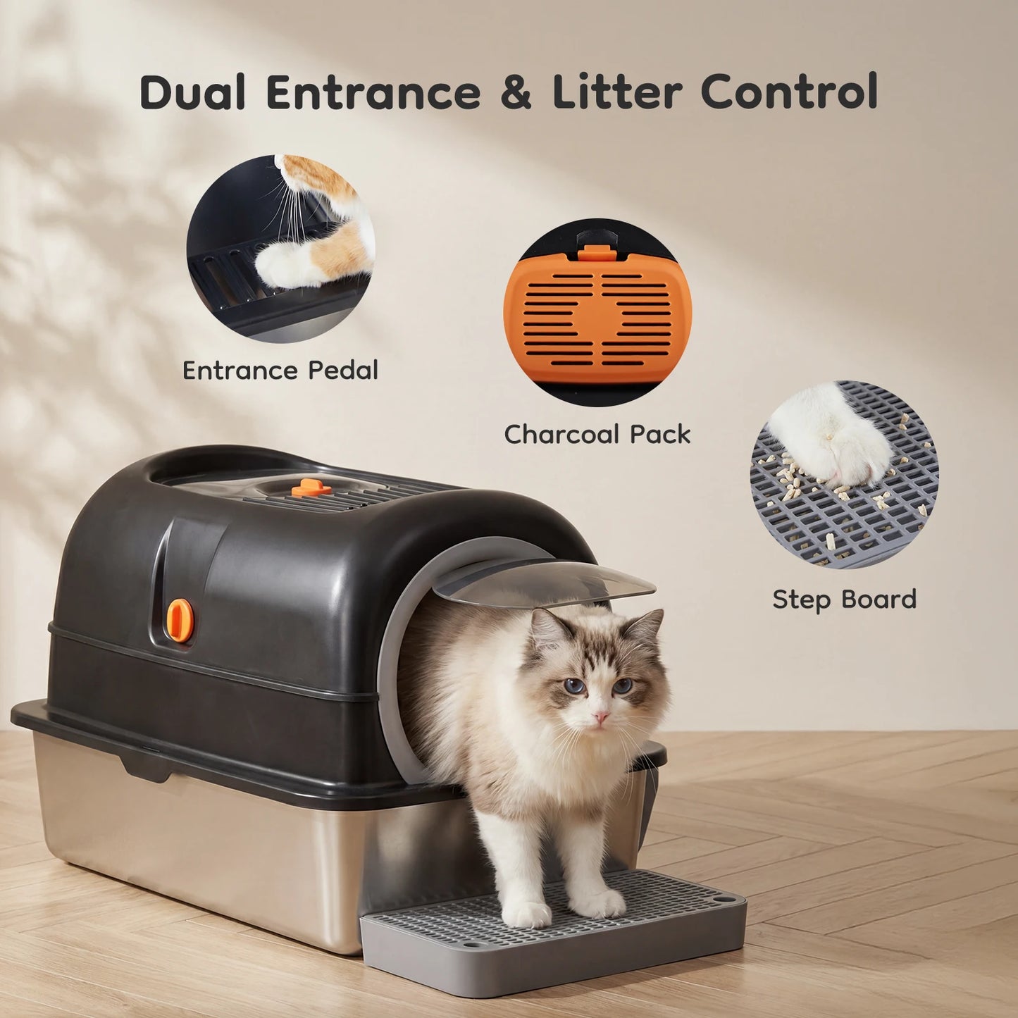 Stainless Steel Cat Litter Box, Enclosed, Scoop and Mat Included