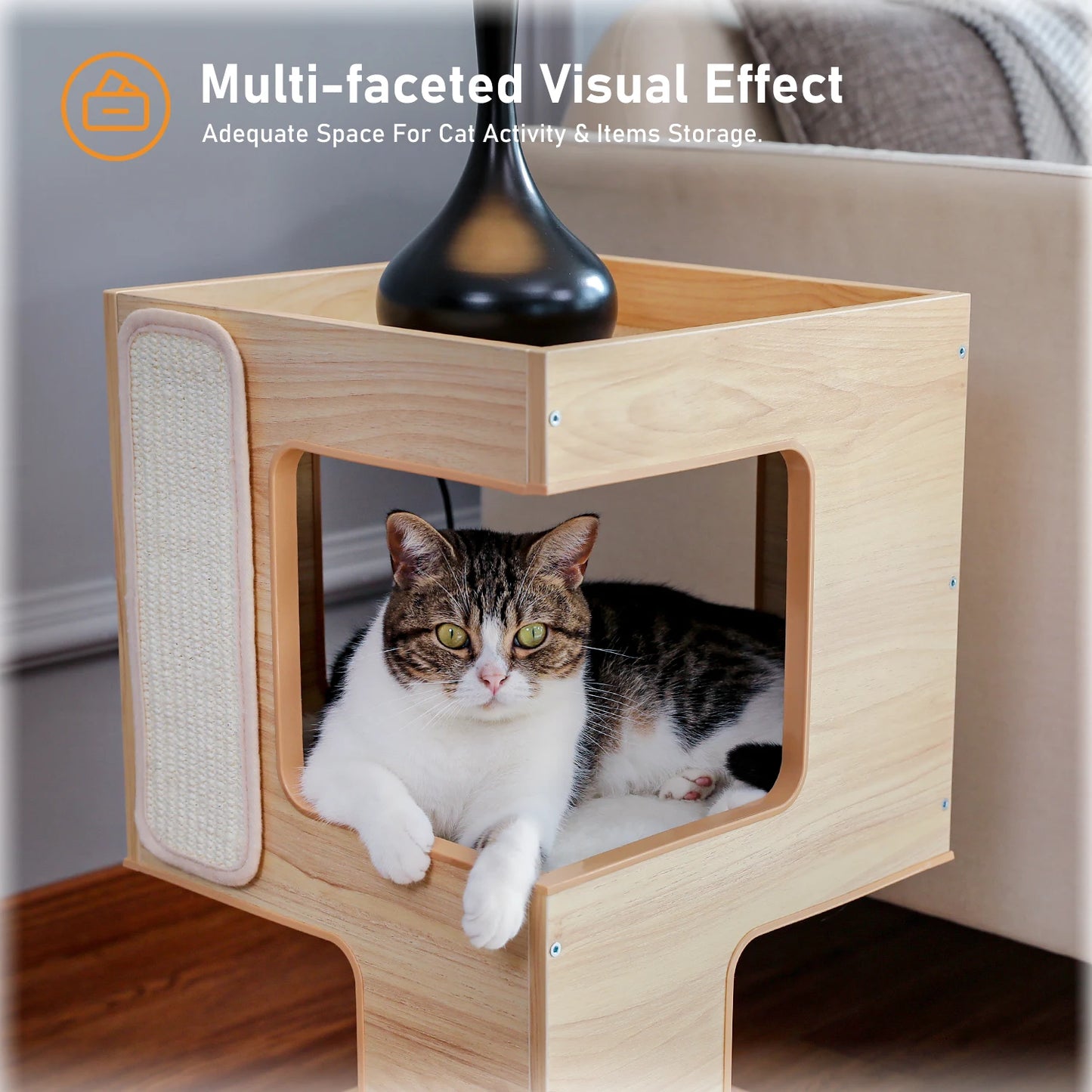 Wood Cat Condo, Bed, Tree Tower, Scratching Pad