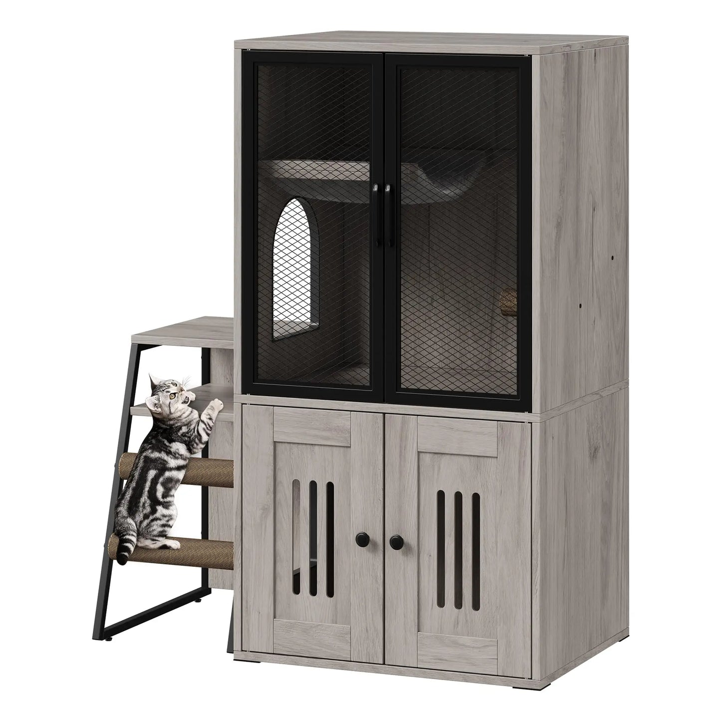 Multifunctional Cat Litter Box, Storage, Sisal Ladder Playhouse