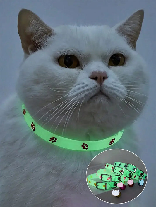 Glow In The Dark Cat Collar, Footprint Pattern, Bell