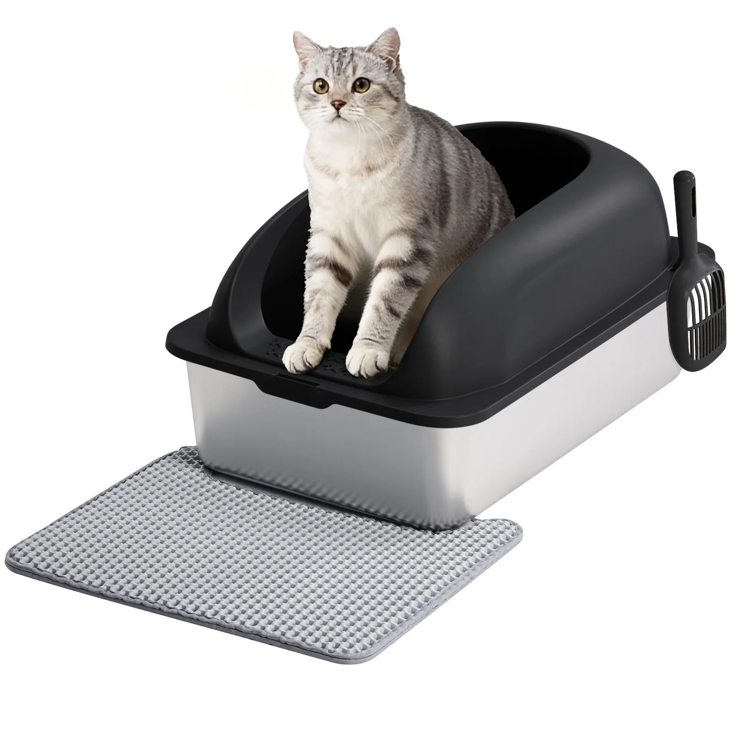 Stainless Steel Cat Litter Box with Lid Scoop and Mat Included