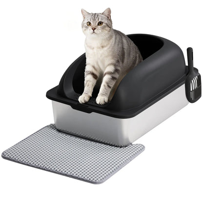 Stainless Steel Cat Litter Box with Lid Scoop and Mat Included