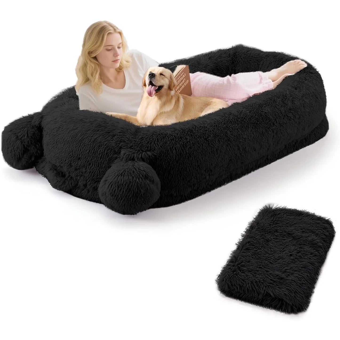Human Size Dog Bed For Adults & Pets, Storage Pockets, Matching Blanket