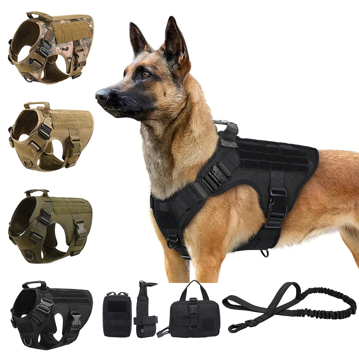 Tactical Dog Harness Collar Leash Molle Pouches