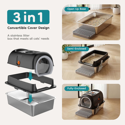 Stainless Steel Cat Litter Box, Enclosed, Scoop and Mat Included